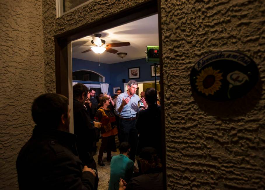 Democratic presidential candidate and former Texas congressman Beto O'Rourke speaks with reporters during a campaign stop at a home in the Summerlin area of Las Vegas on Saturday, March 23, 2019. ...
