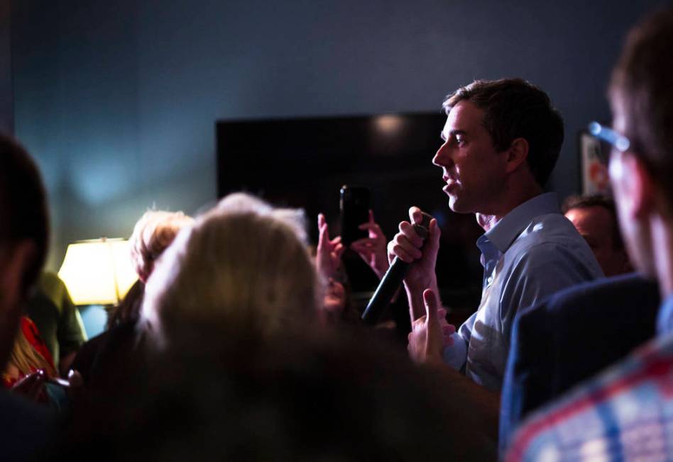 Democratic presidential candidate and former Texas congressman Beto O'Rourke responds to questions from attendees during a campaign stop at a home in the Summerlin area of Las Vegas on Saturday, M ...
