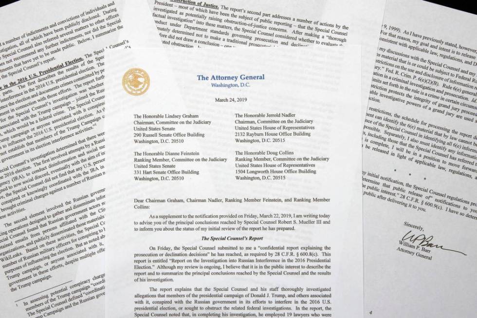 A copy of a letter from Attorney General William Barr advising Congress of the principal conclusions reached by Special Counsel Robert Mueller, is shown Sunday, March 24, 2019 in Washington. (AP P ...