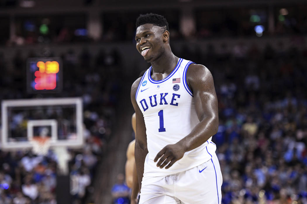Duke forward Zion Williamson reacts after getting called for a foul against Central Florida during the second half of a second-round game in the NCAA men's college basketball tournament Sunday, Ma ...