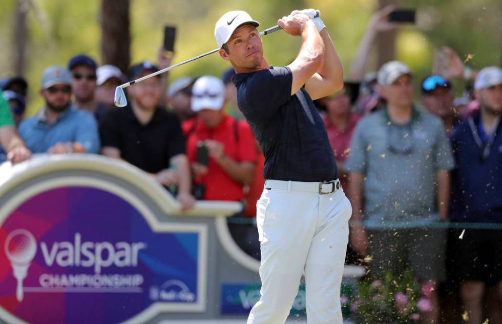 Paul Casey tees off on the second hole during the final round of the Valspar Championship golf tournament Sunday, March 24, 2019, in Palm Harbor, Fla. (AP Photo/Mike Carlson)