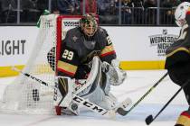 Vegas Golden Knights goaltender Marc-Andre Fleury (29) blocks a shot from the Boston Bruins during the second period of an NHL hockey game at T-Mobile Arena in Las Vegas, Wednesday, Feb. 20, 2019. ...