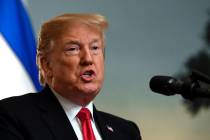 President Donald Trump speaks in the Diplomatic Reception Room Monday, March 25, 2019. Trump signed an official proclamation formally recognizing Israel's sovereignty over the Golan Heights. (AP P ...