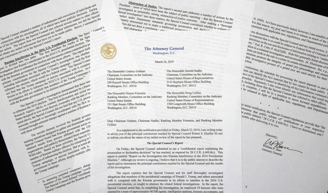 A copy of a letter from Attorney General William Barr advising Congress of the principal conclusions reached by Special Counsel Robert Mueller, is shown Sunday, March 24, 2019 in Washington. (AP P ...