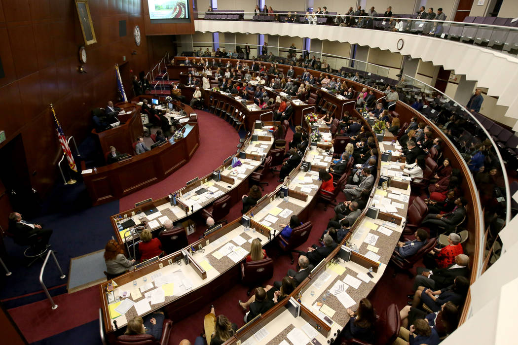 Speaker Jason Frierson, D-Las Vegas, presides over the Assembly at the Legislative Building in Carson City on the first day of the 80th session of the Nevada Legislature Monday, Feb. 4, 2019. (K.M ...