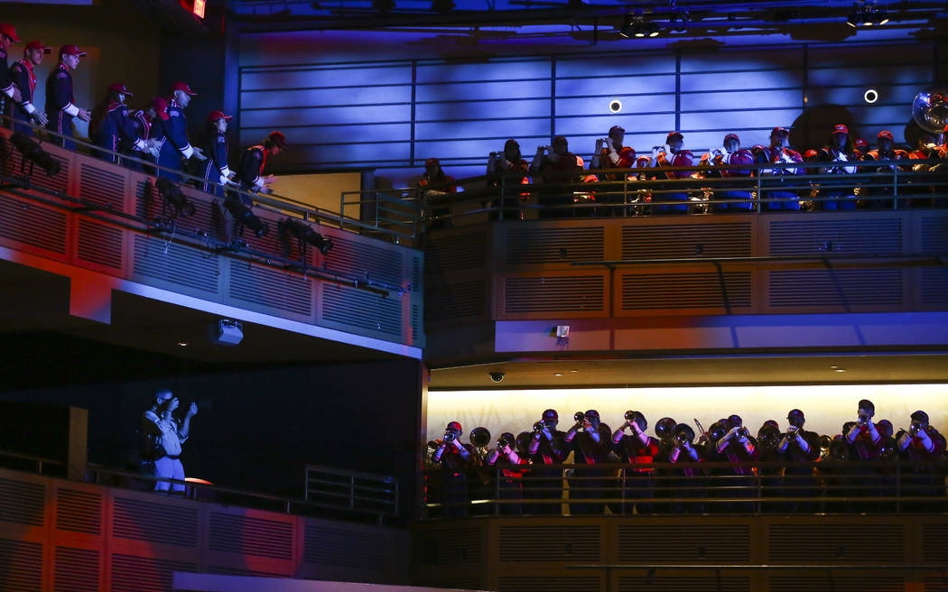 Members of the Fresno State marching band perform during the Las Vegas Bowl kickoff luncheon at The Joint at the Hard Rock Hotel in Las Vegas on Friday, Dec. 14, 2018. Chase Stevens Las Vegas Revi ...