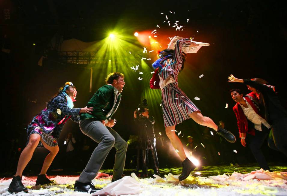 Cast members in "Fuerza Bruta" perform as part of a media preview at the show's tent outside of the Excalibur in Las Vegas on Wednesday, March 6, 2019. The show, which takes place inside ...