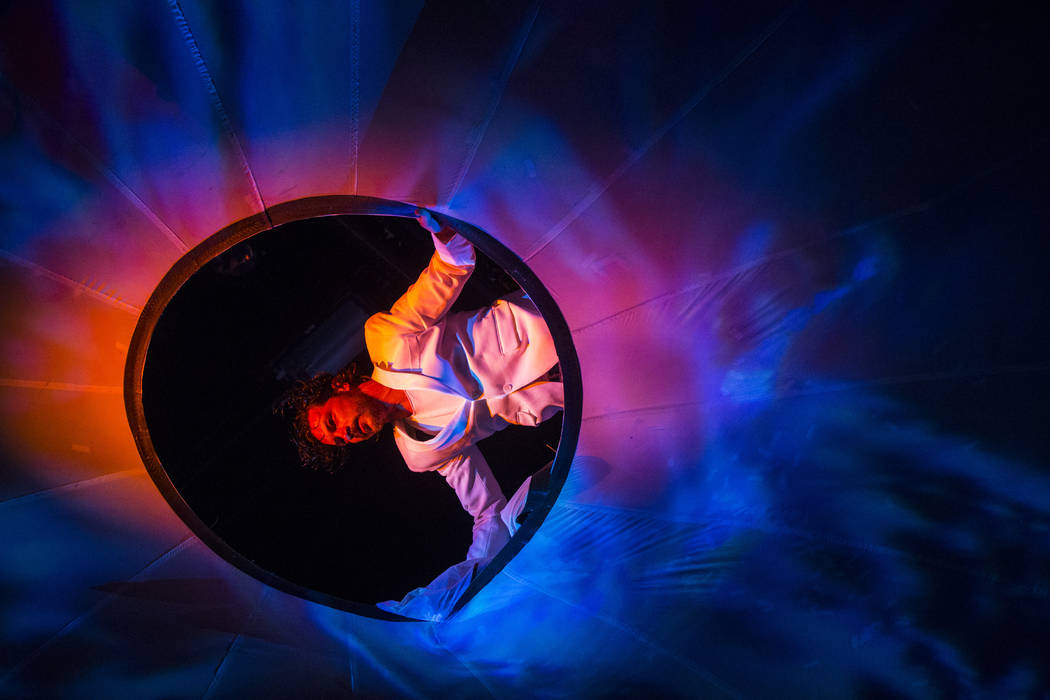 Cast members in "Fuerza Bruta" perform as part of a media preview at the show's tent outside of the Excalibur in Las Vegas on Wednesday, March 6, 2019. The show, which takes place inside ...