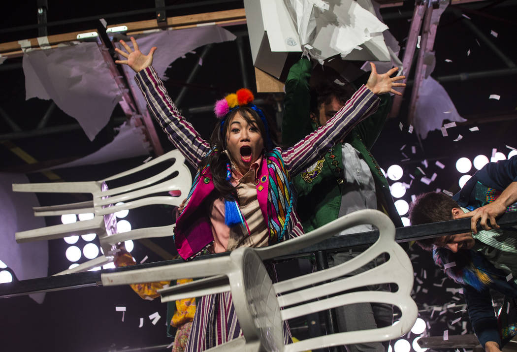 Cast members in "Fuerza Bruta" perform as part of a media preview at the show's tent outside of the Excalibur in Las Vegas on Wednesday, March 6, 2019. The show, which takes place inside ...