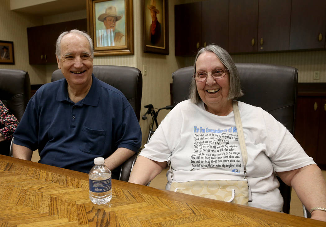 Jon Avery, 72, and his wife Barbara Avery, 70, of Las Vegas, talk to a reporter during an inter ...