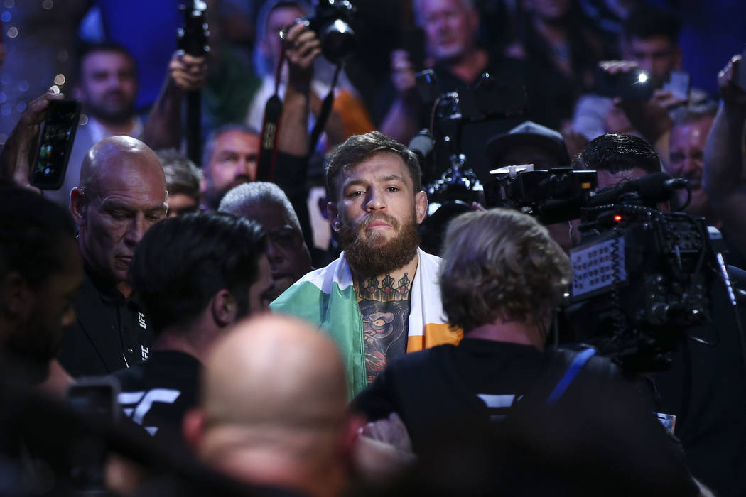 Conor McGregor enters the arena before facing Khabib Nurmagomedov in their lightweight title bout at UFC 229 at T-Mobile Arena in Las Vegas on Saturday, Oct. 6, 2018. Chase Stevens Las Vegas Revie ...