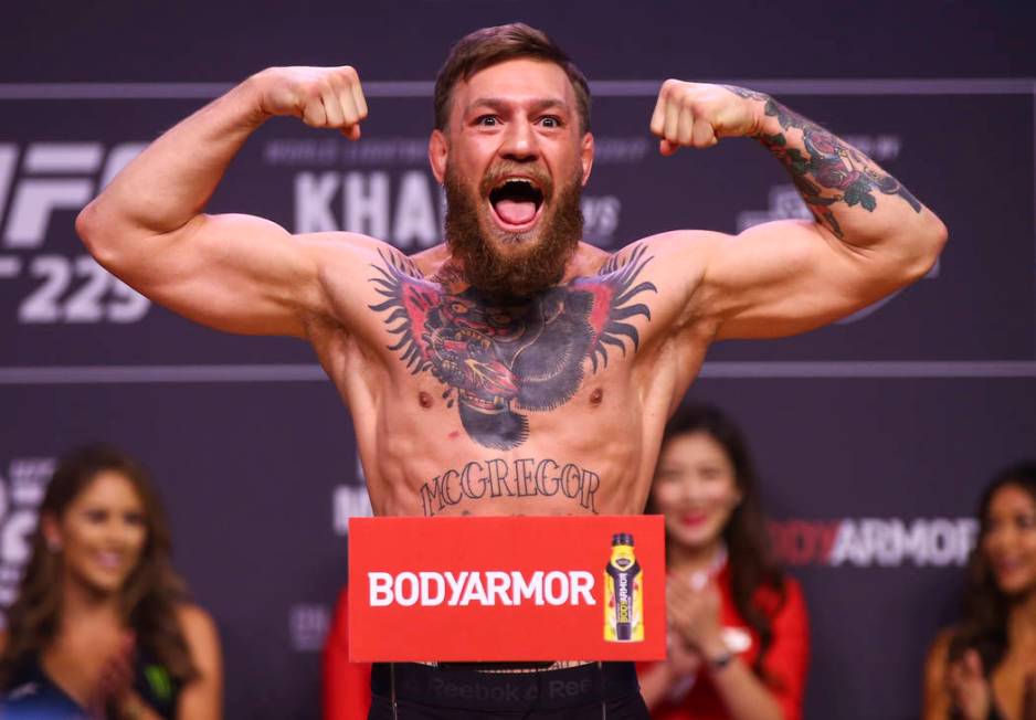 Conor McGregor weighs in ahead of his fight against Khabib Nurmagomedov during the ceremonial weigh-in event ahead of UFC 229 at T-Mobile Arena in Las Vegas on Friday, Oct. 5, 2018. Chase Stevens ...