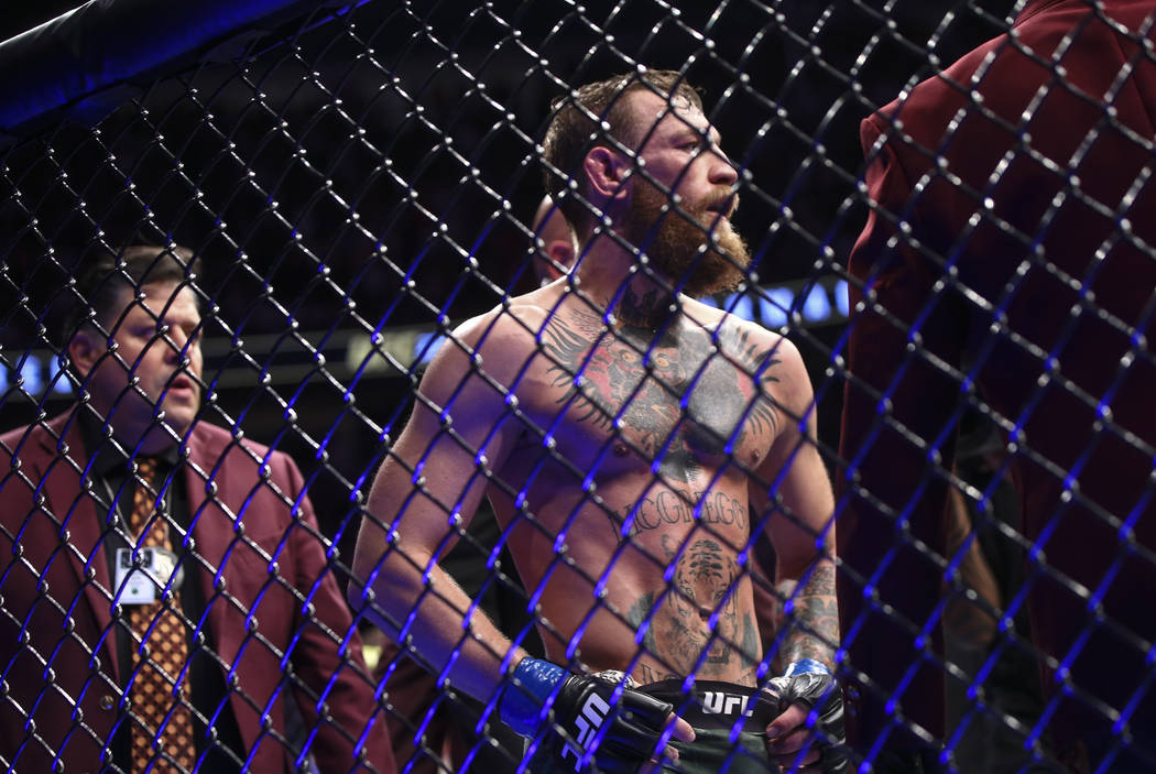 Conor McGregor reacts after his loss to Khabib Nurmagomedov in their lightweight title bout at UFC 229 at T-Mobile Arena in Las Vegas on Saturday, Oct. 6, 2018. Chase Stevens Las Vegas Review-Jour ...