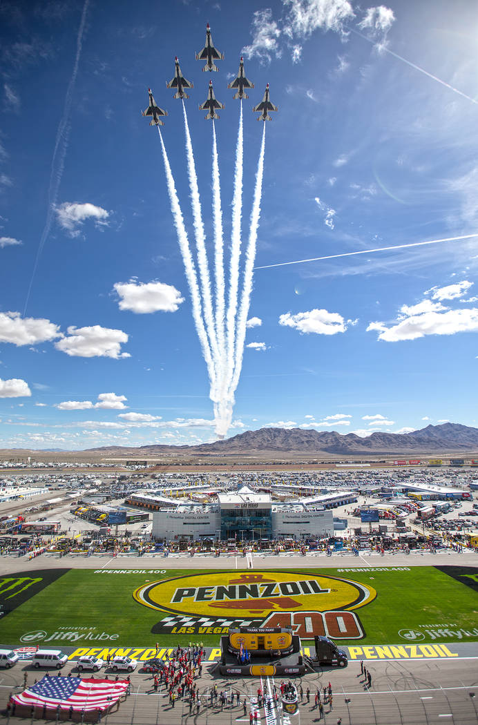 The United States Air Force Thunderbirds fly over Las Vegas Motor Speedway before the start of the Monster Energy NASCAR Cup Series Pennzoil 400 on Sunday, March 3, 2019, in Las Vegas. (Benjamin H ...