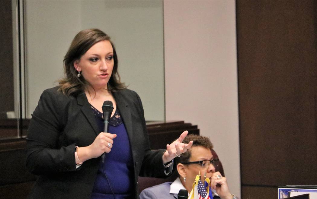 Sen. Nicole Cannizzaro, D-Las Vegas, speaks in support of Initiative Petition 1, which would automatically register anyone getting a Driverճ License at the DMV, while on the Senate Floor, Ma ...