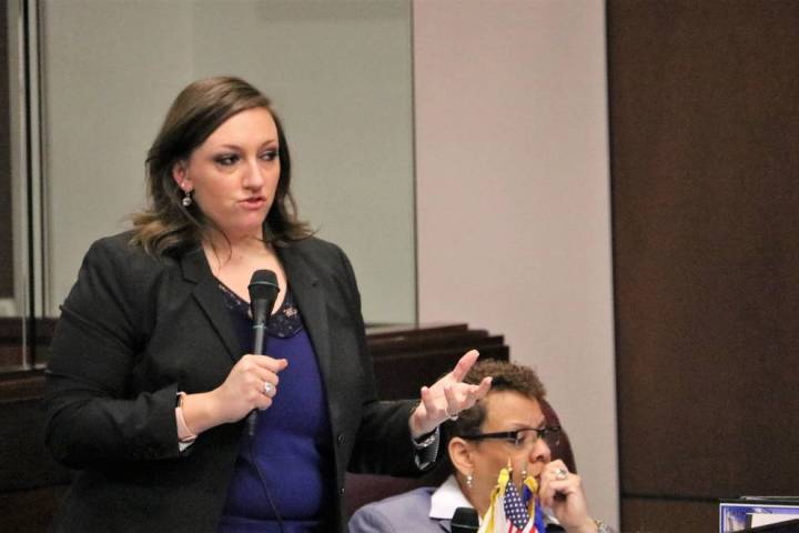 Sen. Nicole Cannizzaro, D-Las Vegas, speaks in support of Initiative Petition 1, which would automatically register anyone getting a Driverճ License at the DMV, while on the Senate Floor, Ma ...