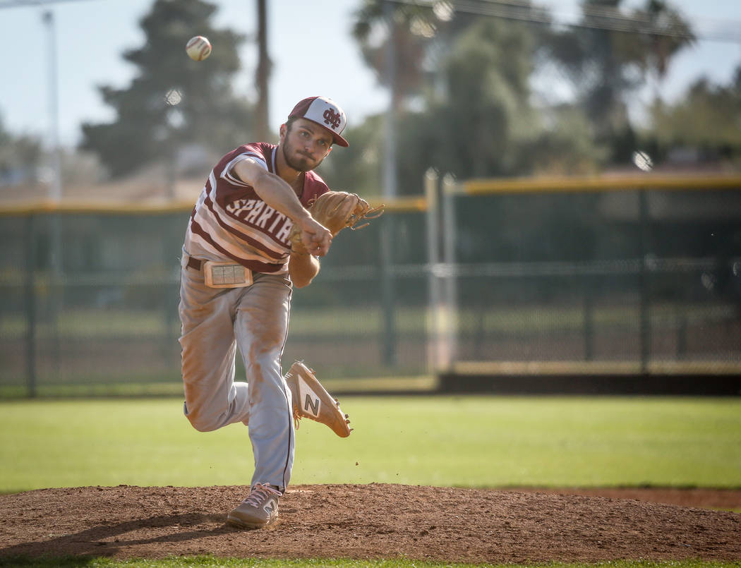 Cimarron-Memorial pitcher Zach Culver (7) pitches the ball during a baseball game at Bonanza High School in Las Vegas, Tuesday, March 26, 2019. (Caroline Brehman/Las Vegas Review-Journal) @carolin ...