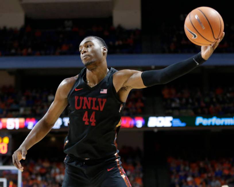 UNLV's Brandon McCoy pulls down an inbound pass during the second half of an NCAA college basketball game against Boise State in Boise, Idaho, Saturday, Feb. 3, 2017. Boise State won 93-91 in over ...