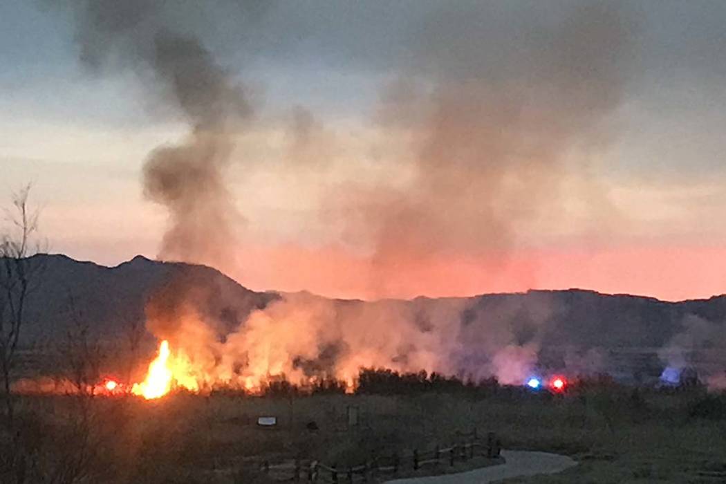 A brush fire at the Wetlands Park, north of Sam Boyd Stadium, burns early Wednesday, March 27, ...