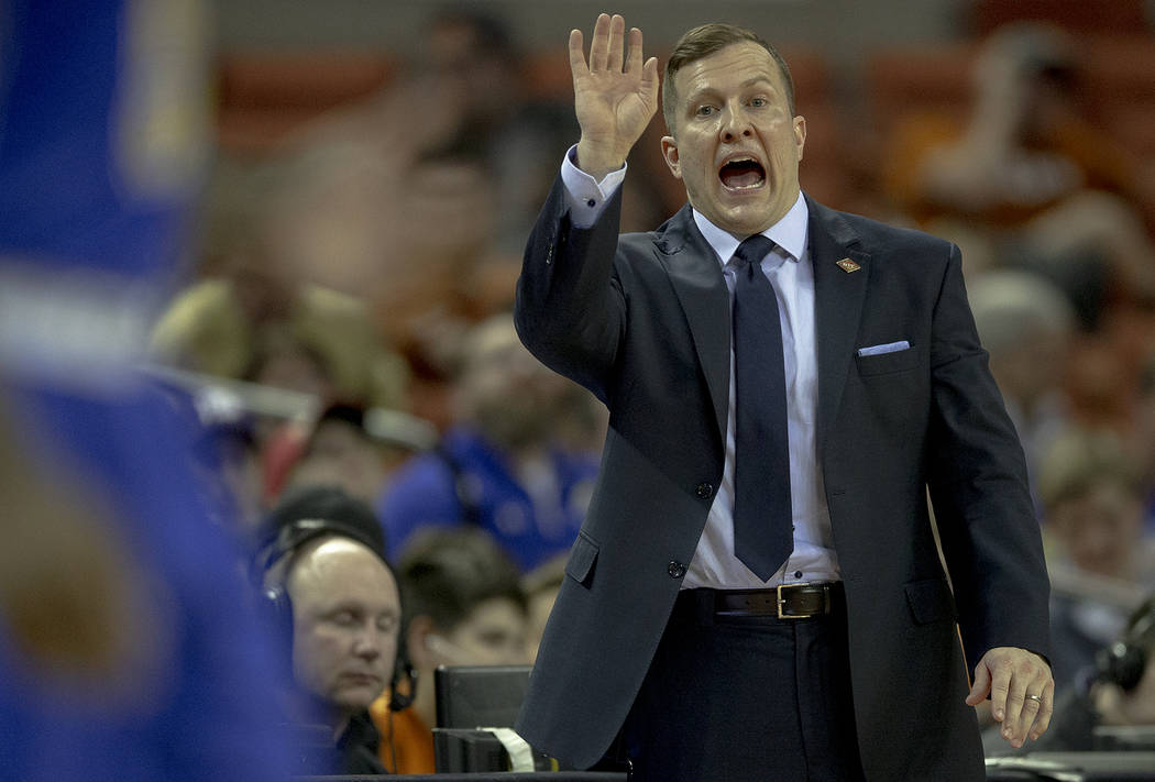 South Dakota State head coach T.J. Otzelberger yells to his team during a first round game agai ...