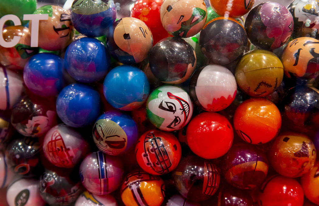 Some of the many gumball designs on display to be purchased during the Amusement Expo at the La ...