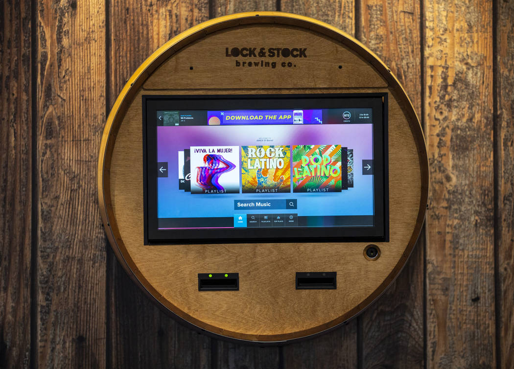 The Fusion Barrel Edition music player by TouchTunes on display during the Amusement Expo at th ...