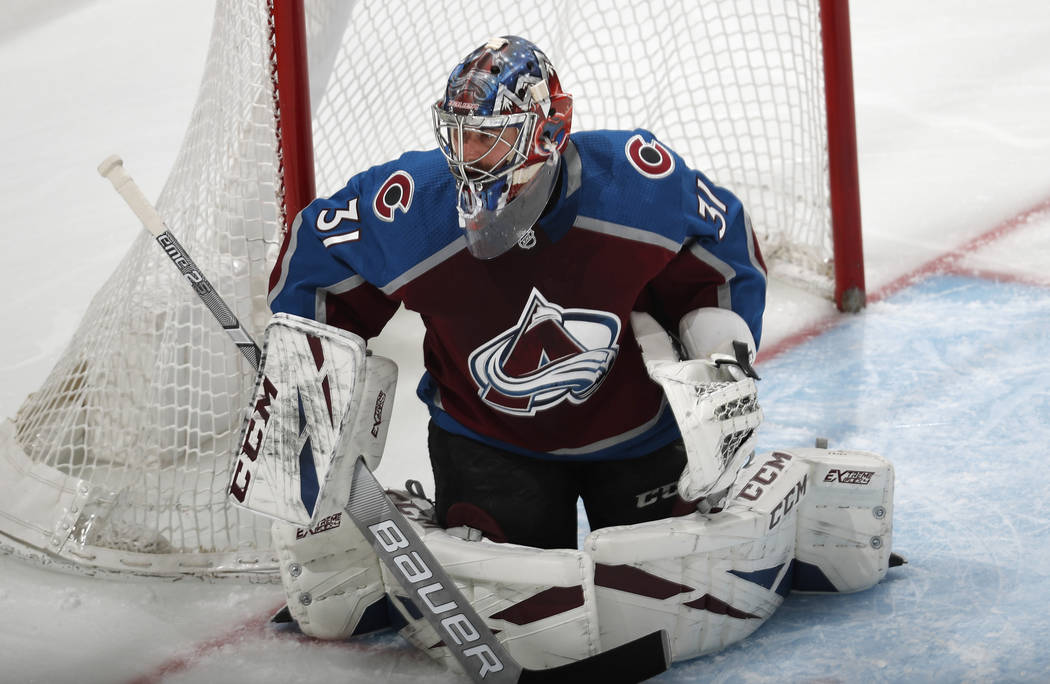 Colorado Avalanche goaltender Philipp Grubauer defends against the Vegas Golden Knights in the ...
