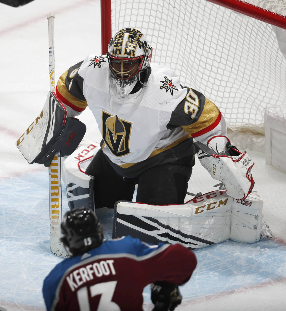 Vegas Golden Knights goaltender Malcolm Subban defends on a shot attempt by Colorado Avalanche ...