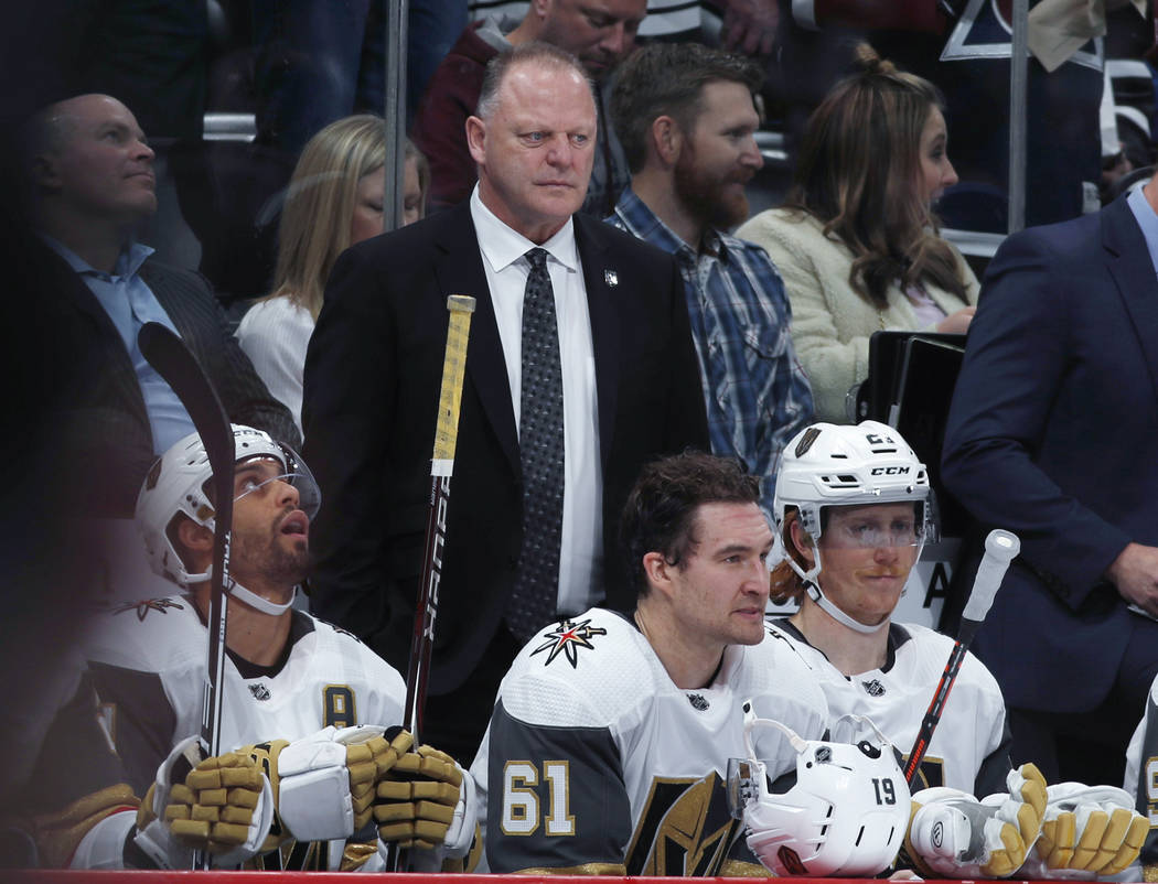 Vegas Golden Knights coach Gerard Gallant watches the team play the Colorado Avalanche during t ...