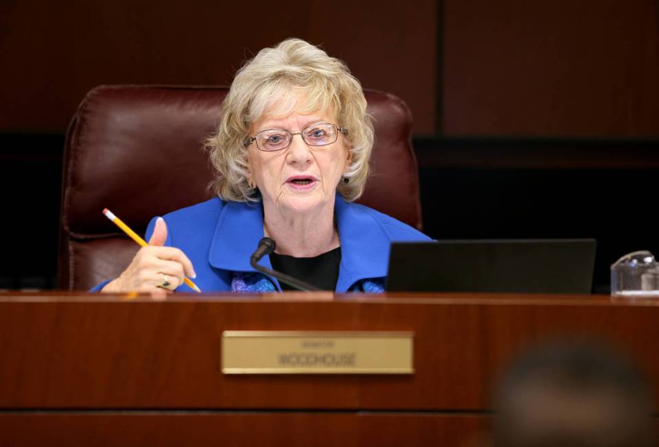 Sen. Joyce Woodhouse, D-Henderson, presides during a Finance Committee meeting in the Legislati ...