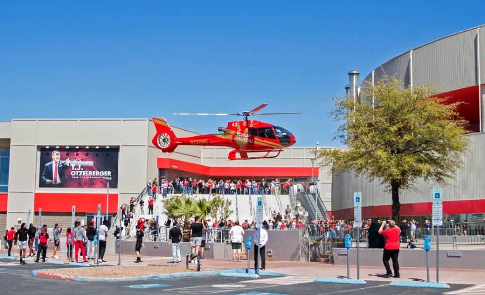 New UNLV men's basketball coach T.J. Otzelberger arrives in style at the Thomas & Mack Cent ...