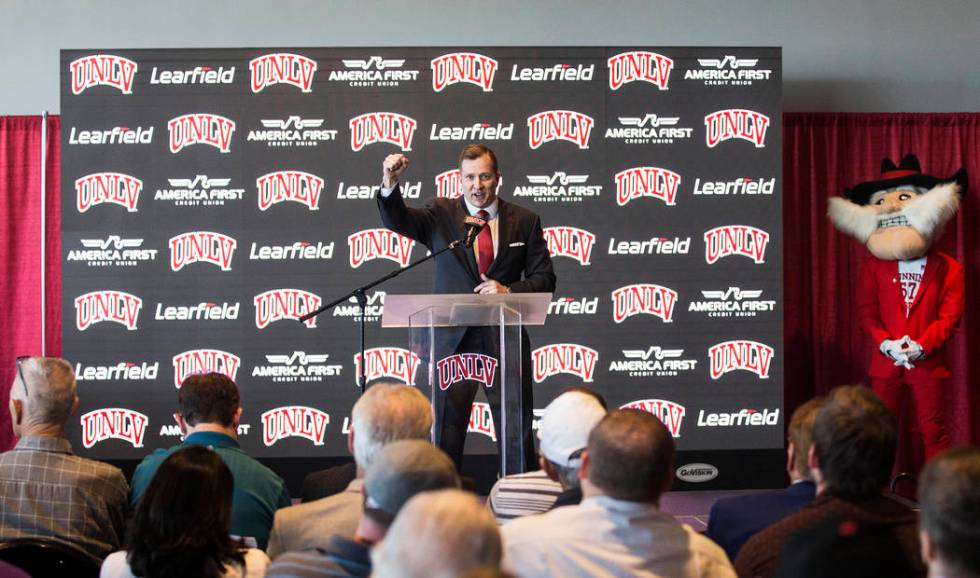 New UNLV men's basketball coach T.J. Otzelberger addresses the crowd at the Strip View Pavilion ...