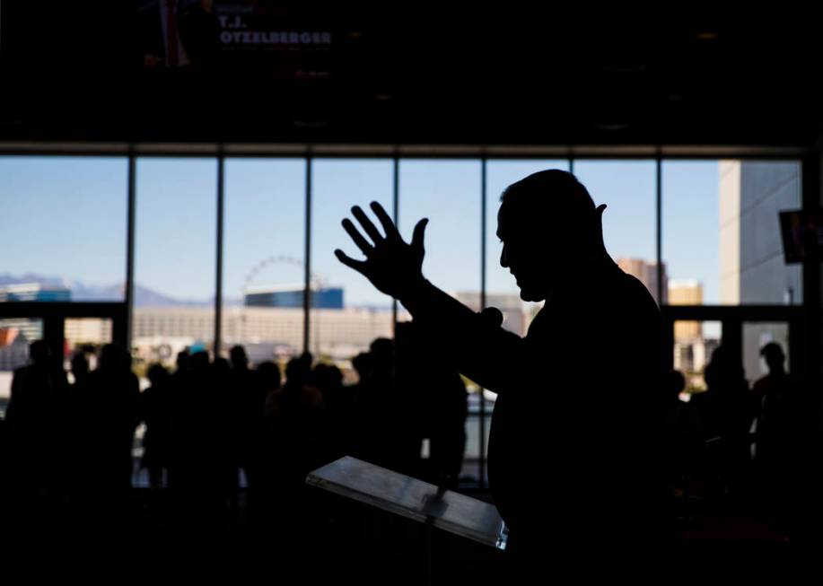 New UNLV men's basketball coach T.J. Otzelberger addresses the crowd at the Strip View Pavilion ...