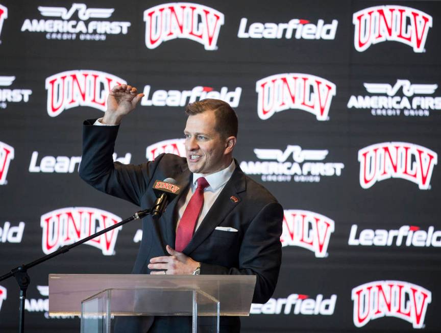 New UNLV men's basketball coach T.J. Otzelberger addresses the crowd at the Strip View Pavilion ...