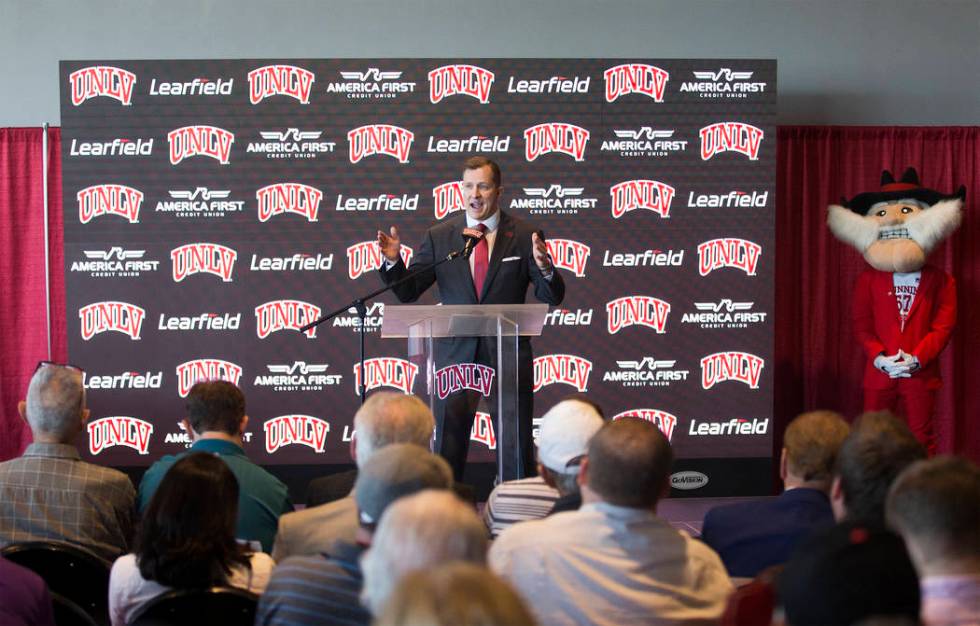 New UNLV men's basketball coach T.J. Otzelberger addresses the crowd at the Strip View Pavilion ...