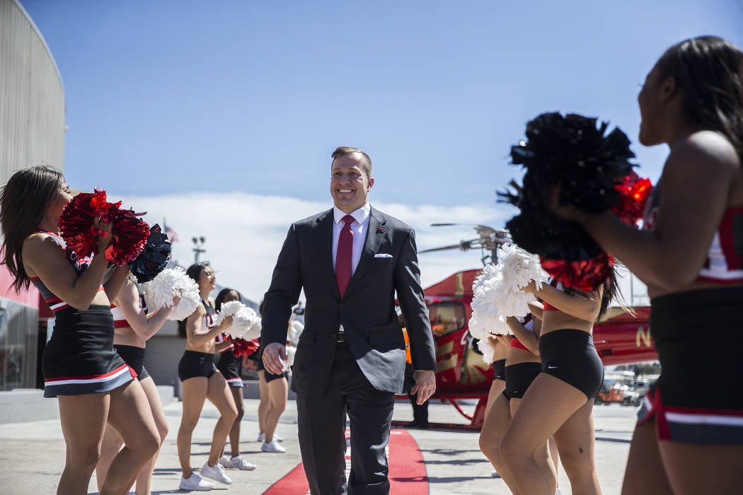 New UNLV men's basketball coach T.J. Otzelberger arrives at the Thomas & Mack Center on Thu ...