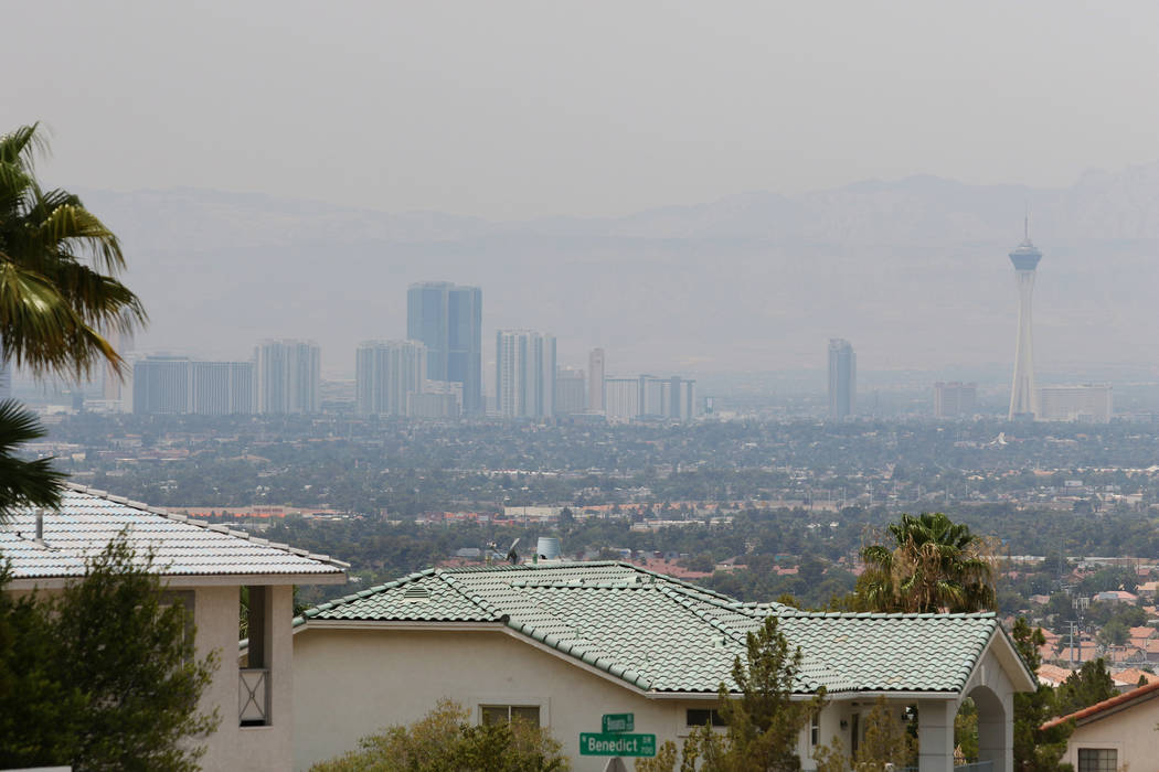 Haze is seen from the base of Frenchman Mountain covering the valley and downtown Las Vegas Fri ...