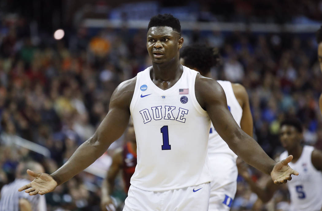 Duke forward Zion Williamson (1) reacts to a referee's call during the second half of the team' ...