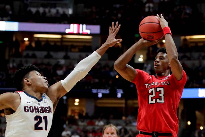 Texas Tech guard Jarrett Culver, right, shoots over Gonzaga forward Rui Hachimura during the se ...