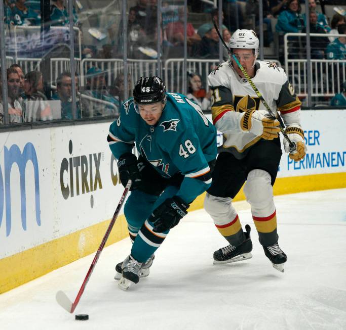 San Jose Sharks center Tomas Hertl (48) skates past Vegas Golden Knights right wing Mark Stone ...