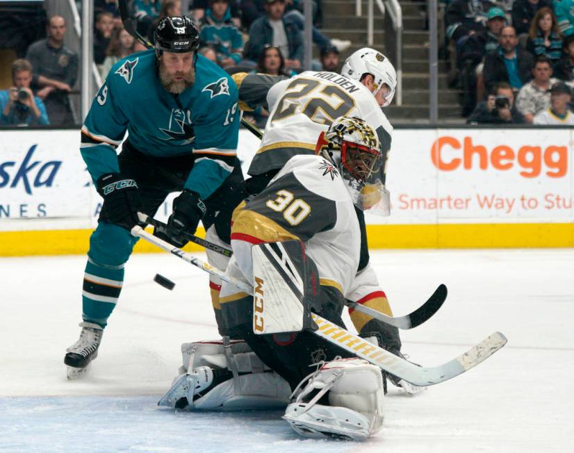 Vegas Golden Knights goaltender Malcolm Subban (30) blocks a shot against the San Jose Sharks a ...