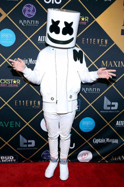 Marshmello arrives at the Maxim Super Bowl Party at the Maxim Dome on Saturday, Feb. 3, 2018, i ...