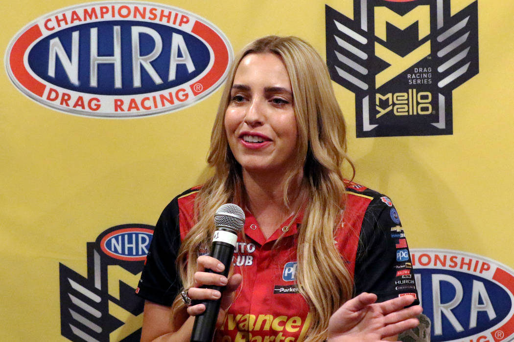 NHRA racer Brittany Force speaks during a news conference on Thursday, April 4, 2019, in Las Ve ...
