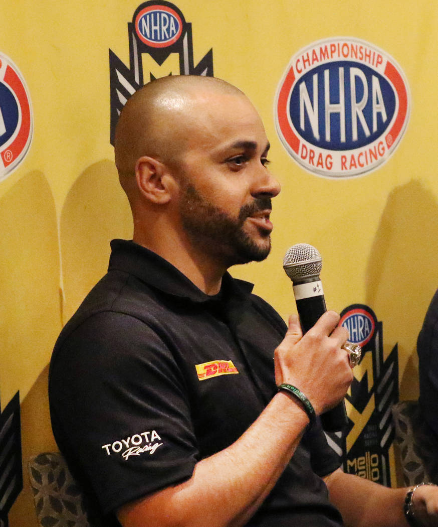 Funny Car driver JR Todd speaks during a press conference on Thursday, April 4, 2019, in Las Ve ...