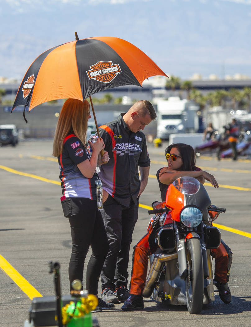 A Harley Motorcycle is kept cool before its heat during the NHRA Mello Yellow Drag Racing Serie ...