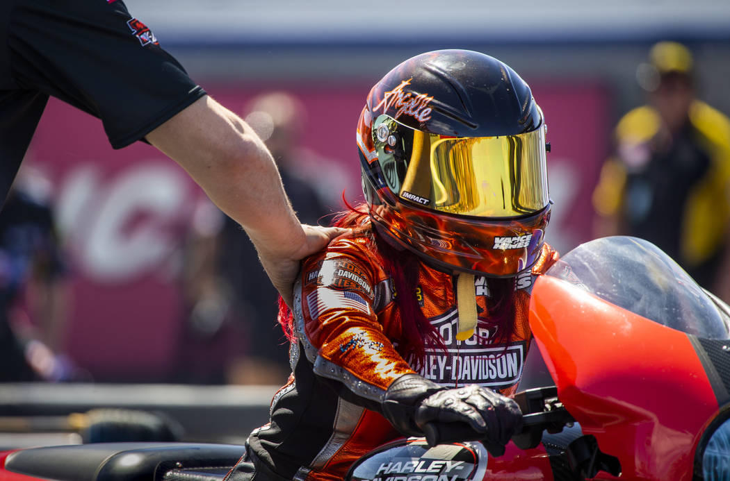Pro Stock Motorcycle racer Angelle Sampey is wished well before her race during the NHRA Mello ...