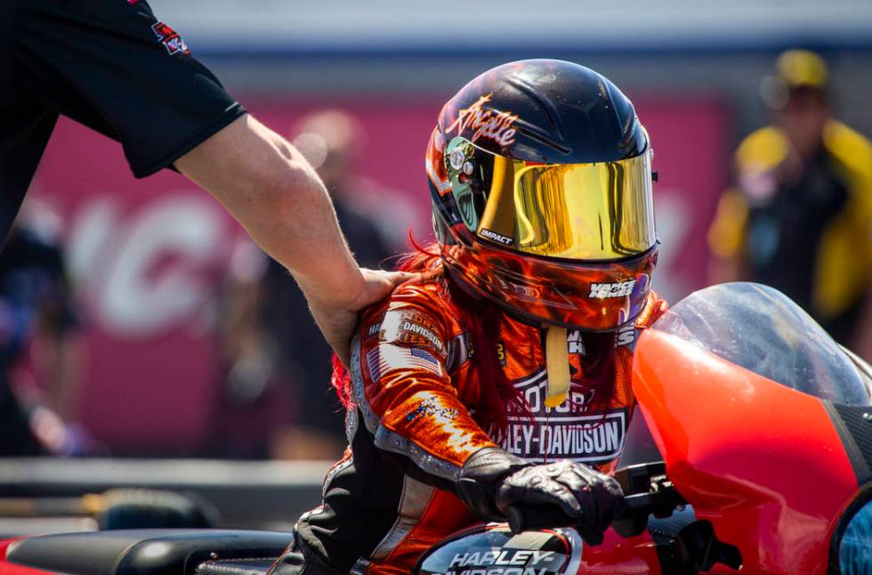 Pro Stock Motorcycle racer Angelle Sampey is wished well before her race during the NHRA Mello ...