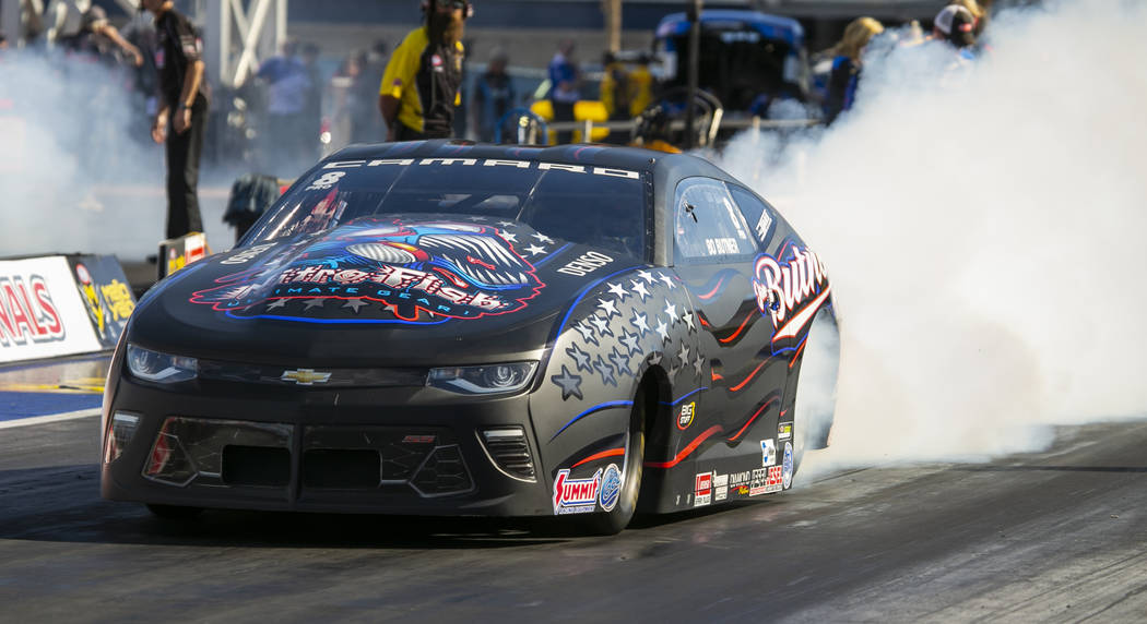 Pro Stock winner Bo Butner warms up the tires during the NHRA Mello Yellow Drag Racing Series o ...
