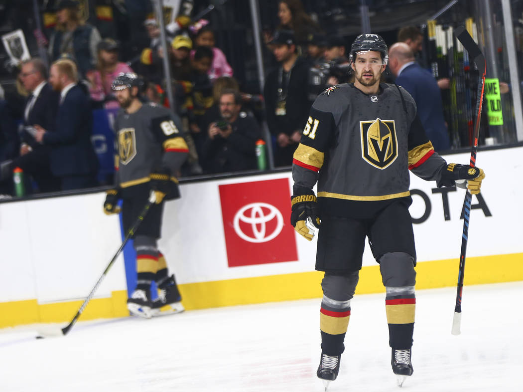 Golden Knights right wing Mark Stone (61) warms up before playing the Dallas Stars in an NHL ho ...