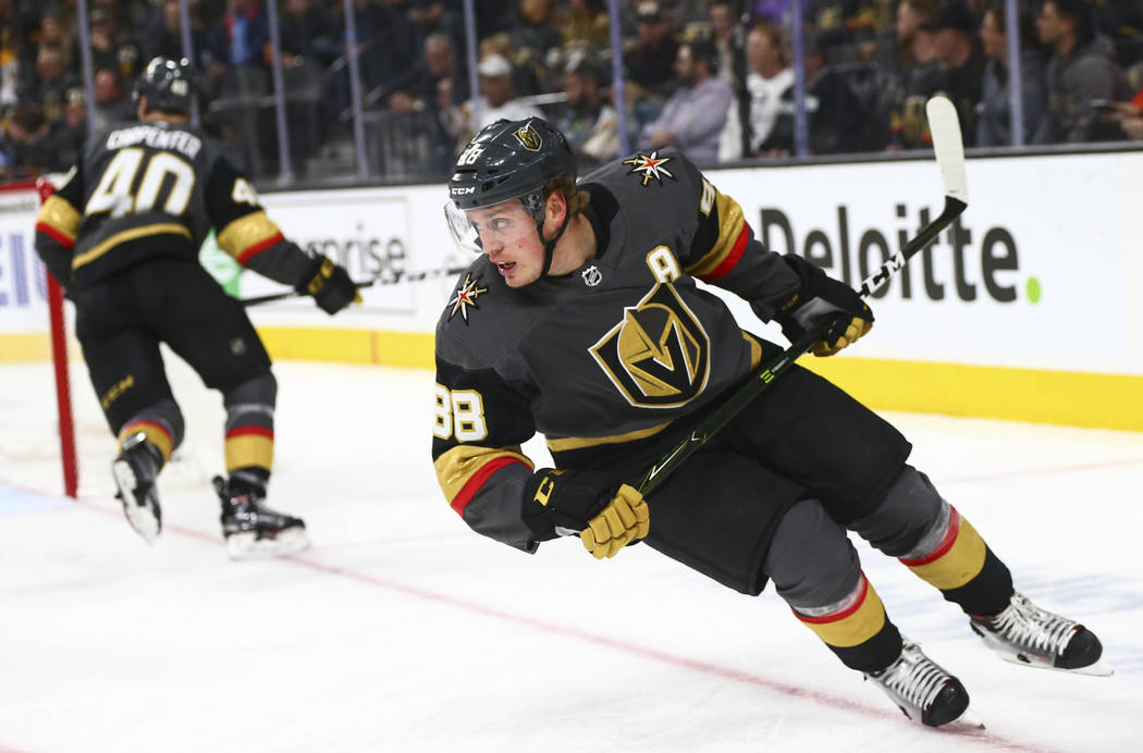 Golden Knights defenseman Nate Schmidt (88) skates during the second period of an NHL hockey ga ...